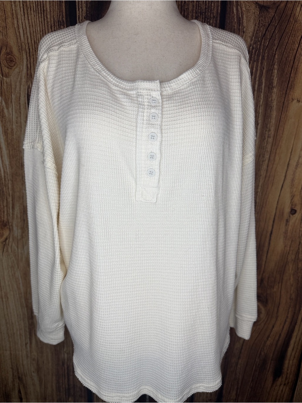 JoyLab Ivory Waffle Henley Long Sleeve Top